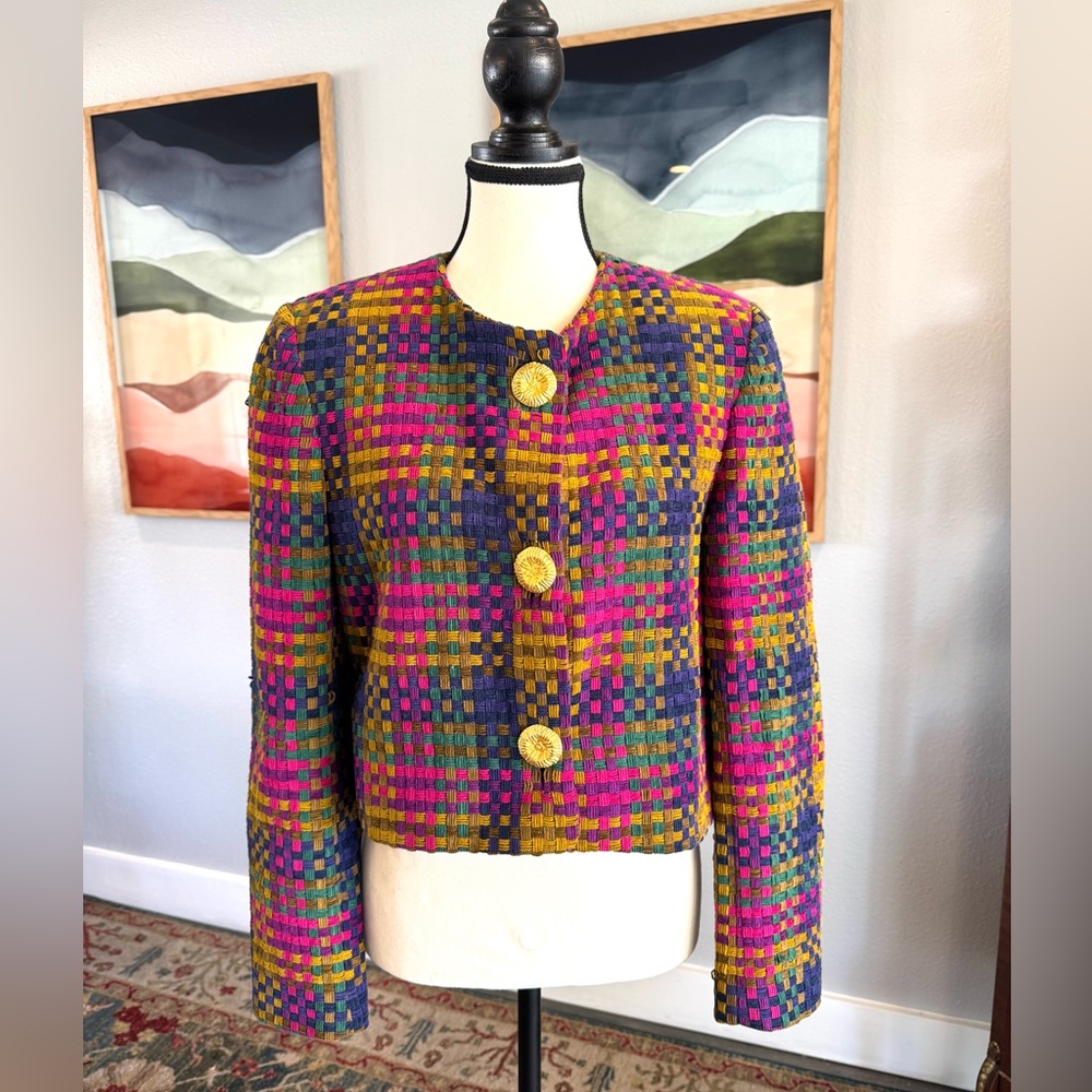 Cynthia Steffe Multicolor Plaid Tweed Cropped Blazer